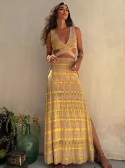 Robe longue tie-dye pour femme - Robe d'été bohème fluide sans manches décolleté en V et fente haute - Idéale pour les vacances d'été à la plage 2026