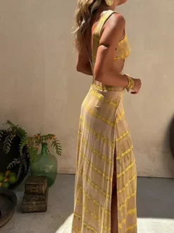 Robe longue tie-dye pour femme - Robe d'été bohème fluide sans manches décolleté en V et fente haute - Idéale pour les vacances d'été à la plage 2026