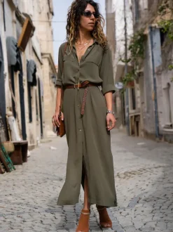 Robe Longue Verte Chemisier Femmes Longues à Col Revers avec Manches Longues Fermeture avec Boutons Coupe Cintrée avec Ceinture Unicolore