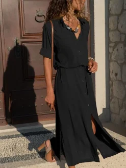 Robe Longue Verte Chemisier Femmes Longues à Col Revers avec Manches Longues Fermeture avec Boutons Coupe Cintrée avec Ceinture Unicolore