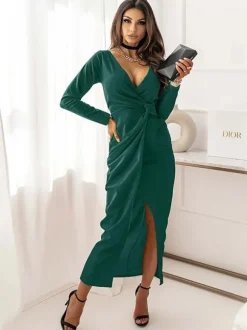 Robe Longue Verte de Soirée Longue Femme avec Manches Longues à Col Décolleté en V Coupe Cintrée avec Fente Unicolore