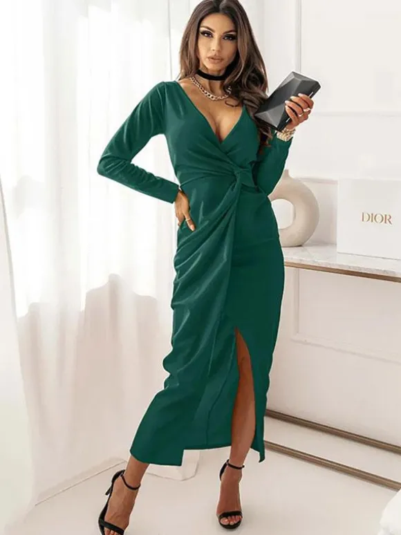 Robe Longue Verte de Soirée Longue Femme avec Manches Longues à Col Décolleté en V Coupe Cintrée avec Fente Unicolore