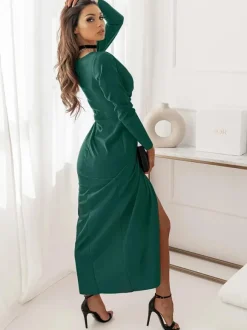 Robe Longue Verte de Soirée Longue Femme avec Manches Longues à Col Décolleté en V Coupe Cintrée avec Fente Unicolore
