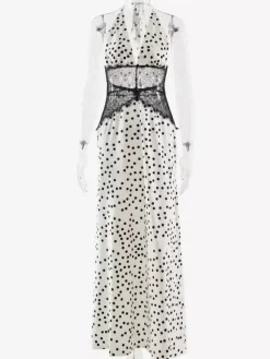 Robe longue vintage à pois dos nu décolleté en V profond patchwork de dentelle pour femme 2026