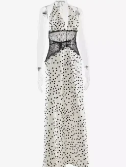 Robe longue vintage à pois dos nu décolleté en V profond patchwork de dentelle pour femme 2026