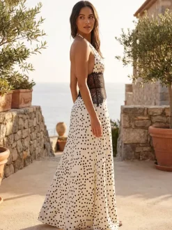Robe longue vintage à pois dos nu décolleté en V profond patchwork de dentelle pour femme 2026