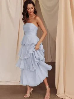 Robe longue à volants étagés pour femme - Robe tube trapèze sans manches à plusieurs épaisseurs - Idéale pour les invités aux mariages d'été 2026