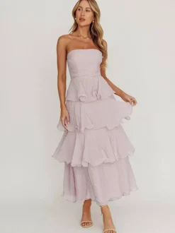 Robe longue à volants étagés pour femme - Robe tube trapèze sans manches à plusieurs épaisseurs - Idéale pour les invités aux mariages d'été 2026