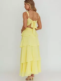 Robe longue à volants étagés pour femme - Fairycore col carré dos nu coupe trapèze - Invitée à un mariage d'été à la plage 2026