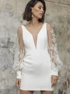 Robe mariée courte blanche en satin col V plongeant manche longue transparent décolleté jupe au dessus de genou Robe de mariage