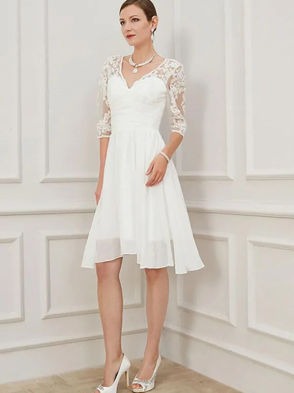 Robe mariée courte col en forme de coeur demi-manche en dentelle dos en V Robe de mariage simple