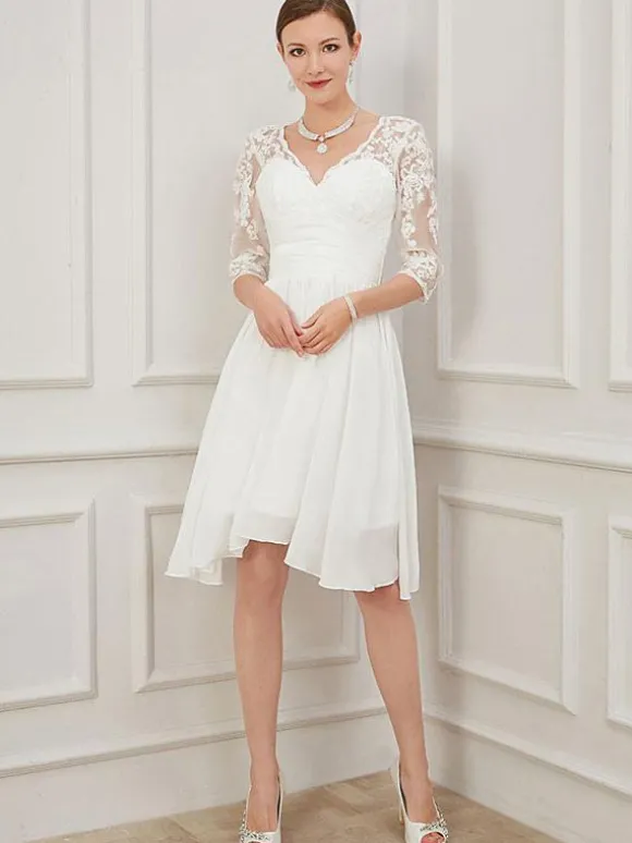 Robe mariée courte col en forme de coeur demi-manche en dentelle dos en V Robe de mariage simple
