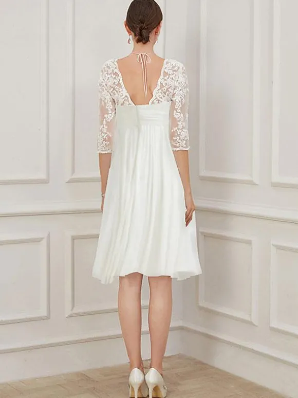 Robe mariée courte col en forme de coeur demi-manche en dentelle dos en V Robe de mariage simple
