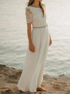 Robe mariée simple col rond manche courte en dentelle longueur au sol en mousseline de soie Robe de mariée à la plage