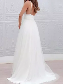 Robe mariée simple col V taille haute dos nu longueur au sol Robe de mariée à la plage