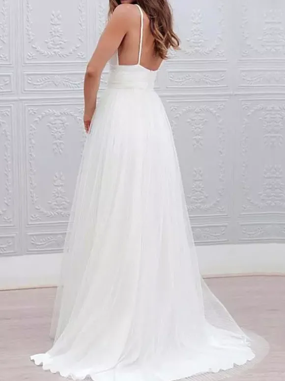 Robe mariée simple col V taille haute dos nu longueur au sol Robe de mariée à la plage