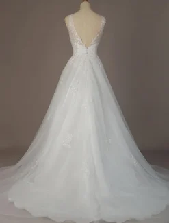 Robe mariée trapèze col V décolleté jupe en tulle à traîne robe de mariage