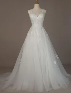 Robe mariée trapèze col V décolleté jupe en tulle à traîne robe de mariage