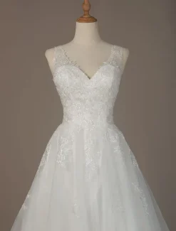 Robe mariée trapèze col V décolleté jupe en tulle à traîne robe de mariage