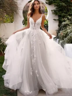 Robe mariée trapèze col V en detenlle à bretelle décolletée jupe bouffante à traîne Robe de mariage