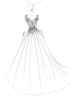 Robe mariée trapèze col V manche longue dos transparent à traîne jupe en tulle Robe de mariée