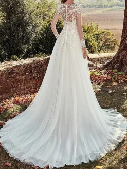 Robe mariée trapèze col V manche longue dos transparent à traîne jupe en tulle Robe de mariée