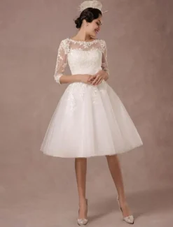 Robe mariée vintage col bateau demi-manche en dentelle jupe en tulle courte au dessus de genou Robe de mariage
