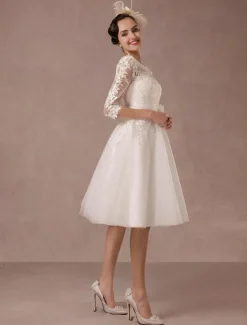 Robe mariée vintage col bateau demi-manche en dentelle jupe en tulle courte au dessus de genou Robe de mariage