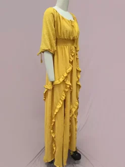 Robe maxi bohème à col carré pour femme - Robe longue fluide à manches trois-quarts ourlet à volants étagés et smocks - Collection été plage 2026