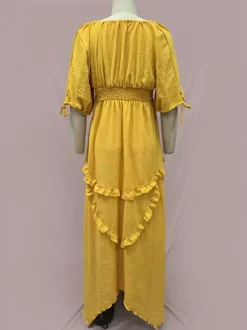 Robe maxi bohème à col carré pour femme - Robe longue fluide à manches trois-quarts ourlet à volants étagés et smocks - Collection été plage 2026