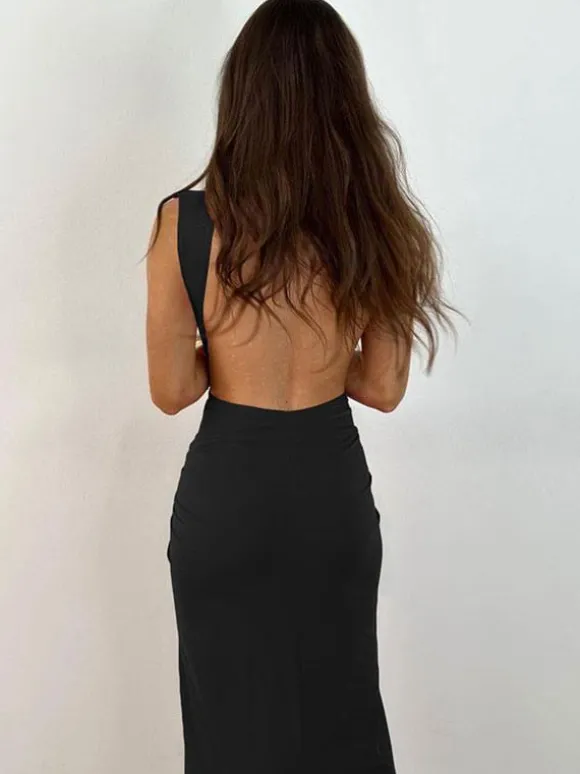 Robe Maxi Col V Sans Manches Sexy Robe Longue Plissée à Fente Haute