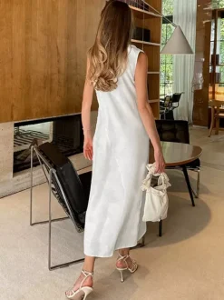 Robe maxi de tous les jours pour femme sans manches col rond taille naturelle élégante robe blanche
