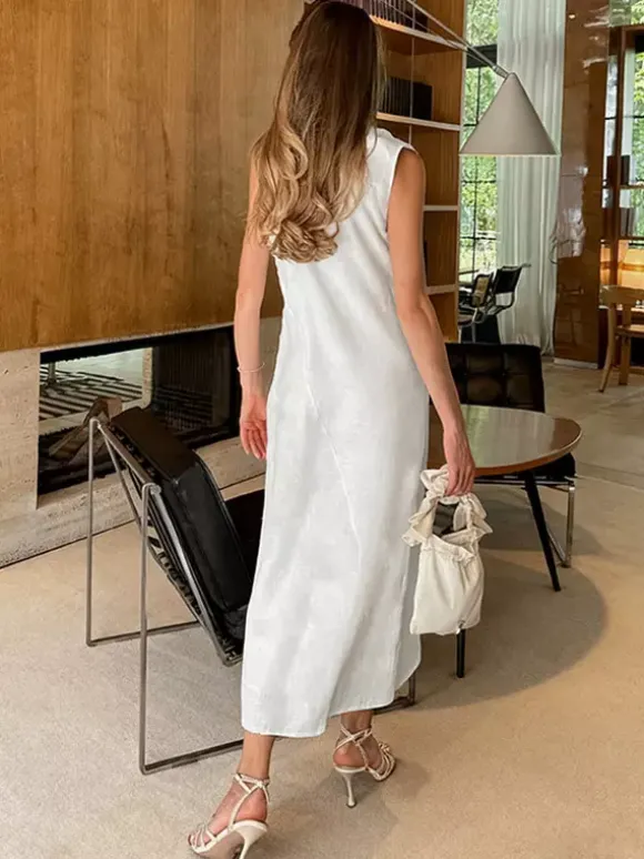 Robe maxi de tous les jours pour femme sans manches col rond taille naturelle élégante robe blanche