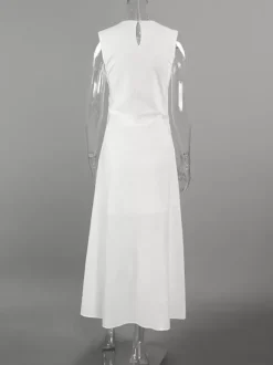 Robe maxi de tous les jours pour femme sans manches col rond taille naturelle élégante robe blanche