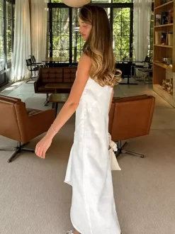Robe maxi de tous les jours pour femme sans manches col rond taille naturelle élégante robe blanche