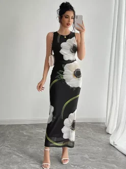 Robe maxi femme à imprimé floral - Élégante robe moulante froncée - Style vintage années 90 idéale pour l'été au quotidien (collection 2026)