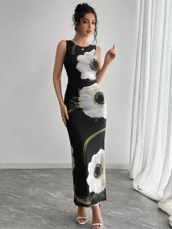 Robe maxi femme à imprimé floral - Élégante robe moulante froncée - Style vintage années 90 idéale pour l'été au quotidien (collection 2026)