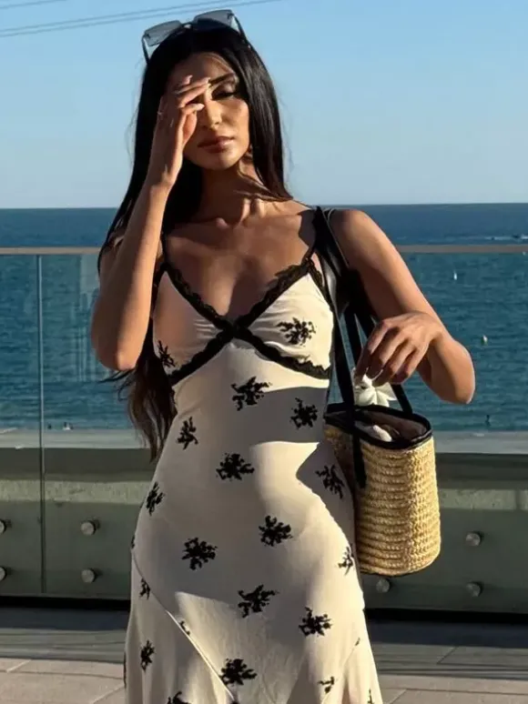 Robe maxi imprimée abricot en dentelle sans manches à col V pour femme