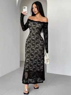 Robe maxi moulante à épaules dénudées manches longues et dentelle collection femme 2026