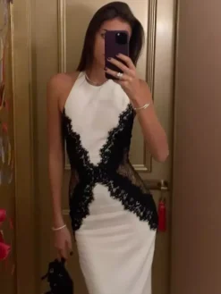 Robe maxi sans manches à col halter empiècements en dentelle et couleurs contrastées pour femme 2026