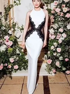 Robe maxi sans manches à col halter empiècements en dentelle et couleurs contrastées pour femme 2026