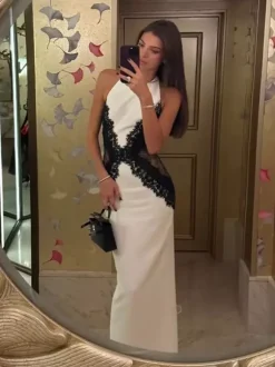 Robe maxi sans manches à col halter empiècements en dentelle et couleurs contrastées pour femme 2026