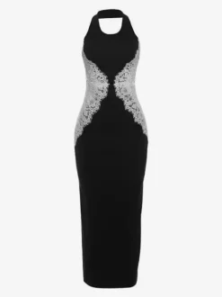 Robe maxi sans manches à col halter empiècements en dentelle et couleurs contrastées pour femme 2026