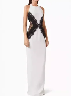 Robe maxi sans manches à col halter empiècements en dentelle et couleurs contrastées pour femme 2026