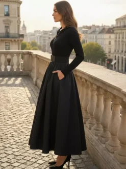 Robe maxi trapèze à manches longues coupe trapèze en maille côtelée demi-zip et patchwork ceinture intégrée collection femme 2026