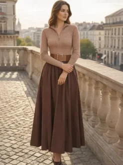 Robe maxi trapèze à manches longues coupe trapèze en maille côtelée demi-zip et patchwork ceinture intégrée collection femme 2026