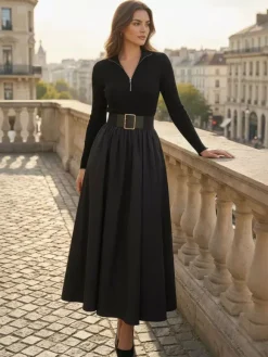Robe maxi trapèze à manches longues coupe trapèze en maille côtelée demi-zip et patchwork ceinture intégrée collection femme 2026