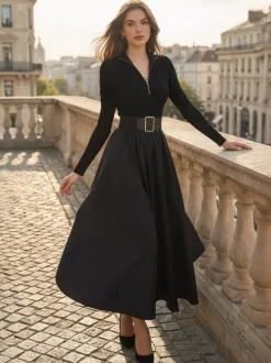 Robe maxi trapèze à manches longues coupe trapèze en maille côtelée demi-zip et patchwork ceinture intégrée collection femme 2026