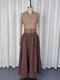 Robe maxi trapèze à manches longues coupe trapèze en maille côtelée demi-zip et patchwork ceinture intégrée collection femme 2026