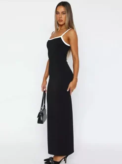 Robe maxi verte sexy à col rond et dos nu sans manches et taille haute pour femme.